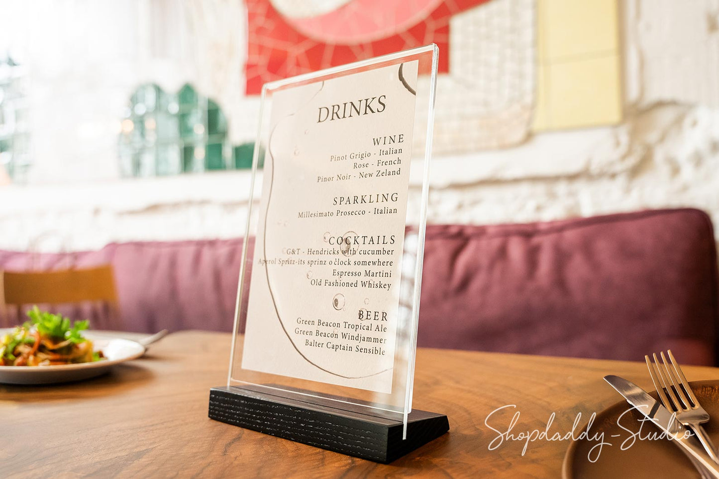 Acrylic Menu Display Stand with Black Wooden Inclined Stand for hotel