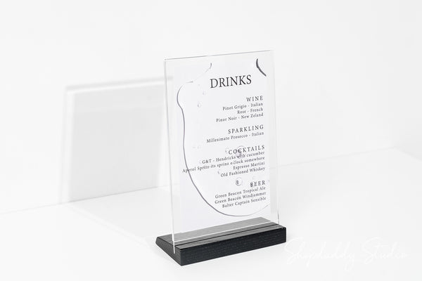 Acrylic Menu Display Stand with Black Wooden Inclined Stand for reception