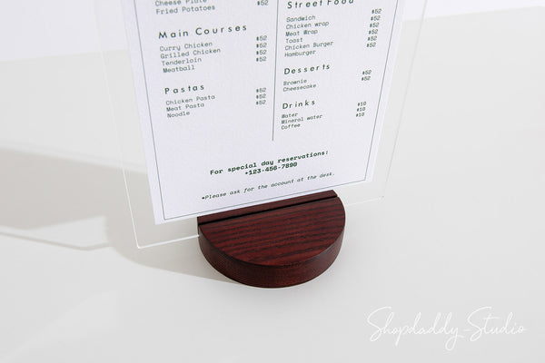 Acrylic Table Drink Menu Holder with Wooden Mahogany Round Stand for bar