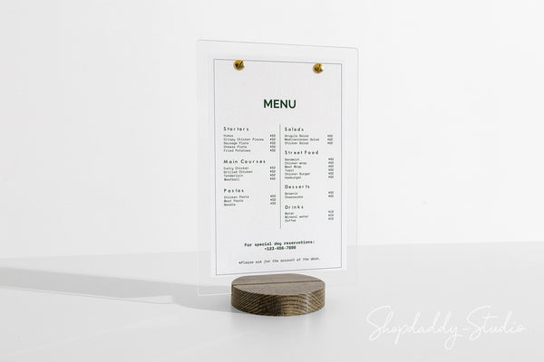 Acrylic Table Stand Menu Holder with Wooden Walnut Round Stand for bar