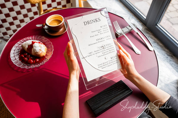 Acrylic Table Stand with Black Wooden Inclined Stand for restaurant