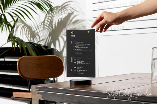 Acrylic Table Top Display with Wooden Black Round Stand for breakfast menu