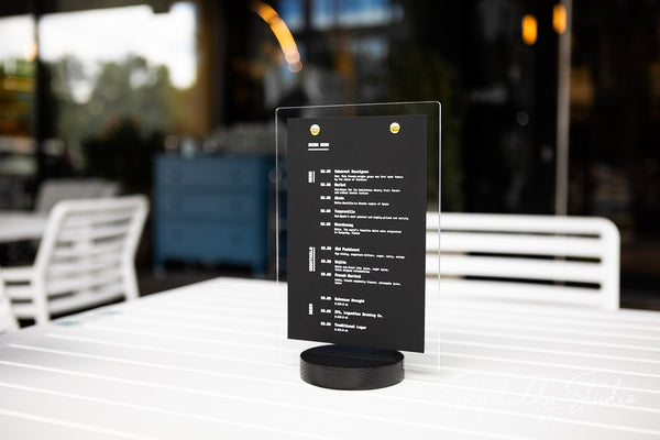 Acrylic Table Top Display with Wooden Black Round Stand for hotel
