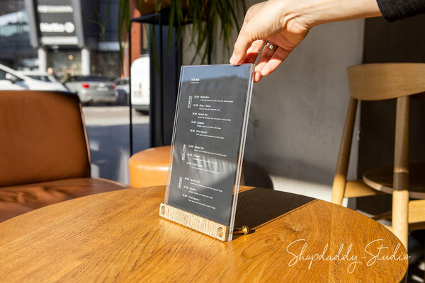 Acrylic Table Top Flyer Holder with Walnut Ashwood Stand and Brass Screws for breakfast menu