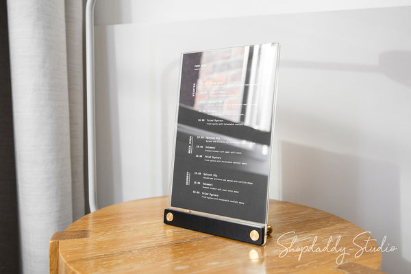 Acrylic Table Top Menu Holder with Black Ashwood Stand and Brass Screws for Restaurant