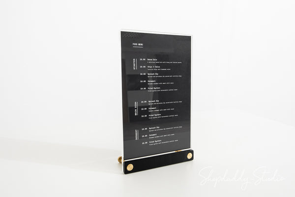 Acrylic Table Top Menu Holder with Black Ashwood Stand and Brass Screws in details