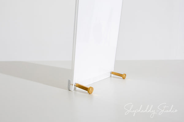 Acrylic Table Top Menu Holder with White Ashwood Stand and Brass Screws for Menu Display