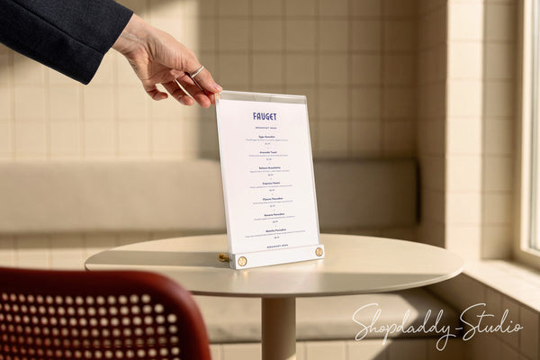 Acrylic Table Top Menu Holder with White Ashwood Stand and Brass Screws for Restaurants