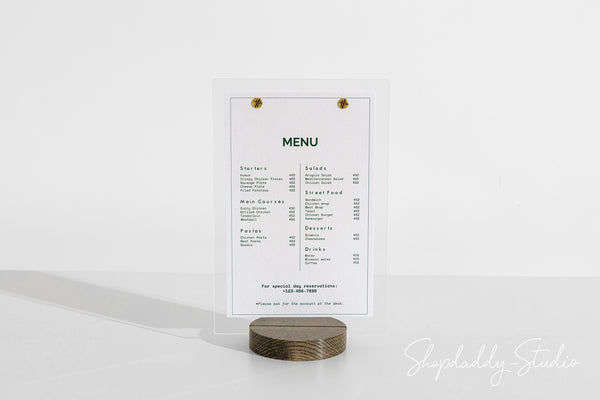 Acrylic Table Top Sign Holder with Wooden Walnut Round Stand for cafe