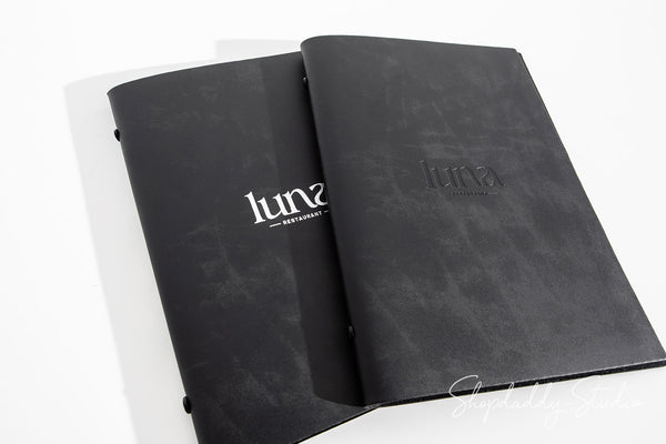 Antique Black Recycled Leather Menu Cover With Plastic Sleeves with 2 logo