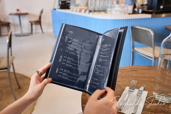 Antique Blue Recycled Leather Menu Cover With Plastic Sleeves for Restaurants