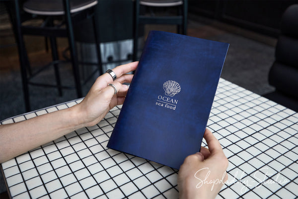 Antique Blue Recycled Leather Menu Cover with Rings Mechanism for Hospitality