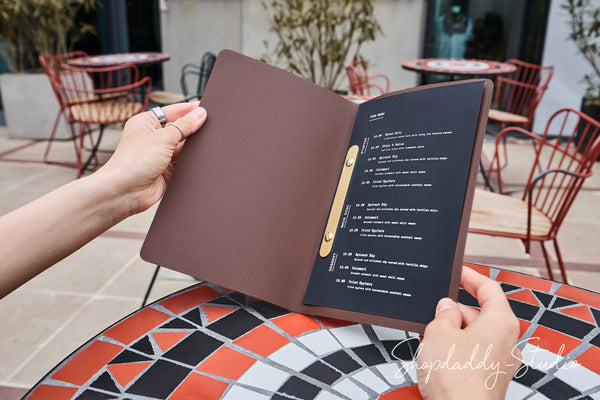 Antique Brown Recycled Leather Menu Cover with Brass Plank for Restaurants