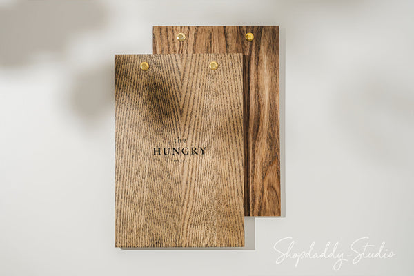 Ashwood Menu Holder with Rounded Brass Plank for cocktail menu