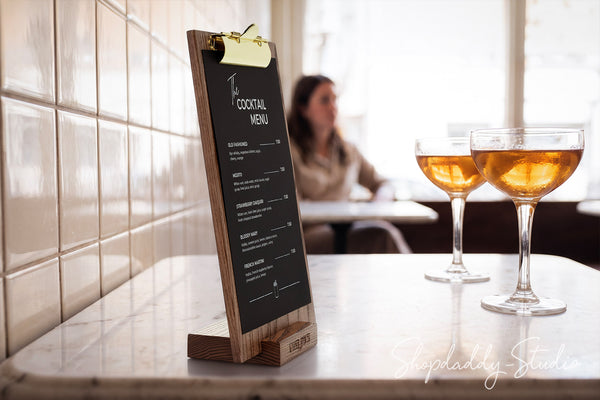 Ashwood Walnut Angled Table Stand with Golden Clip for Cafes and Bars