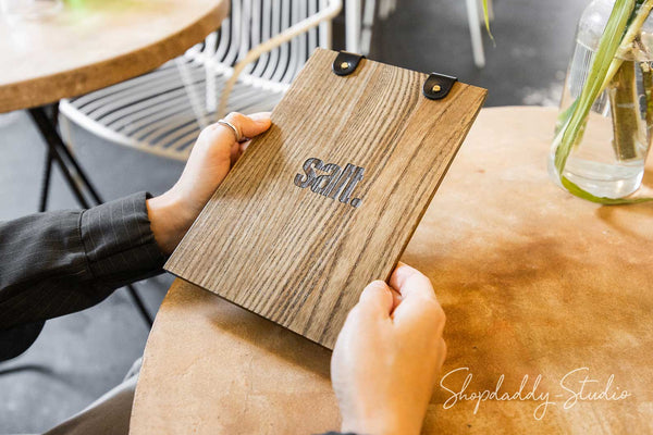 Ashwood Walnut Menu Holder with Two Leather Clasps with logo