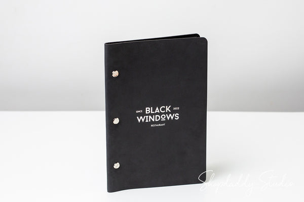 Black Leather Menu Cover with Brass Bolts for Menu Presentation