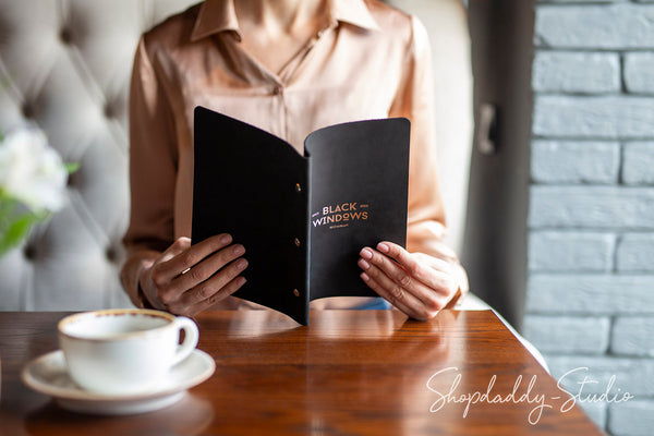 Black Leather Menu Cover with Brass Bolts with Custom Logo