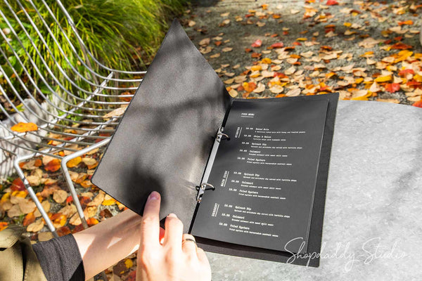 Black Leather Menu Cover with Rings Mechanism for Cafe