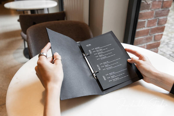 Black Leather Menu Cover with Rings Mechanism in details 2