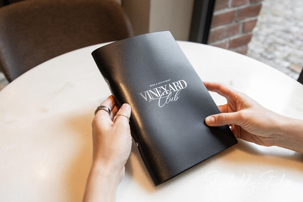 Black Leather Menu Cover with Rings Mechanism wuth gold logo