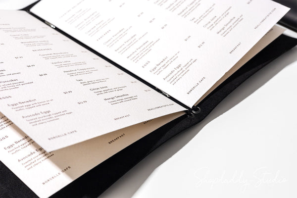 Black Leather Menu Folder with Two Elastic Bands for Menu Inserts
