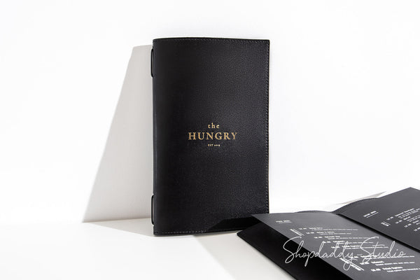 Black Menu Cover with Stitching and Elastic Band with logo