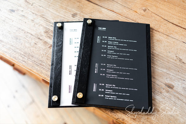 Black Menu Holder with Vertical Plank on Screws with logo
