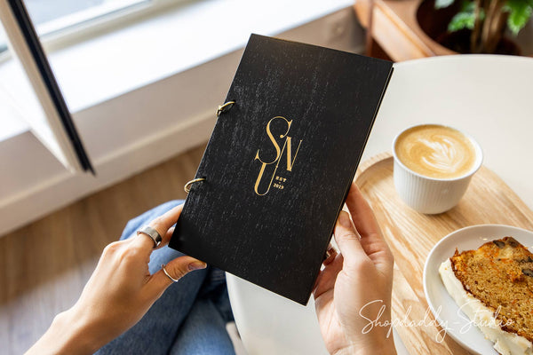 Black Plywood Menu Book with Golden Rings for Cafes and Bars