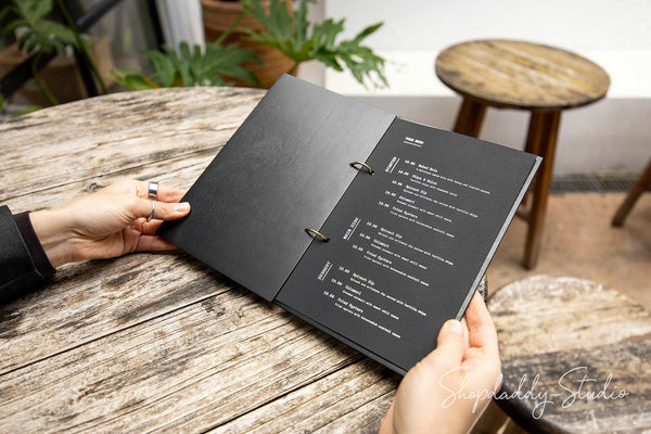 Black Plywood Menu Book with Golden Rings for Drink Menus