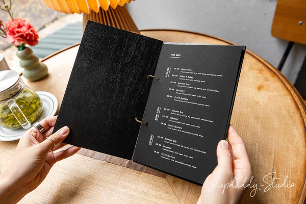 Black Plywood Menu Book with Golden Rings for Hospitality