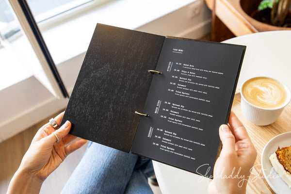 Black Plywood Menu Book with Golden Rings for Restaurants