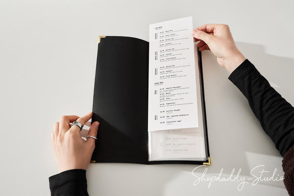 Black Thick Leather Menu Cover with Plastic Sleeves and Corners for Hotels