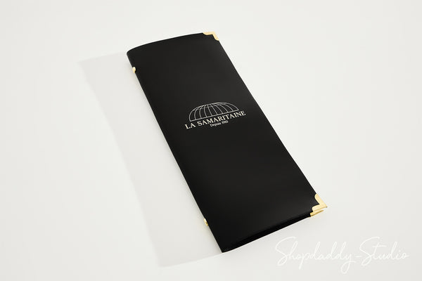 Black Thick Leather Menu Cover with Plastic Sleeves and Corners for Menu Presentation