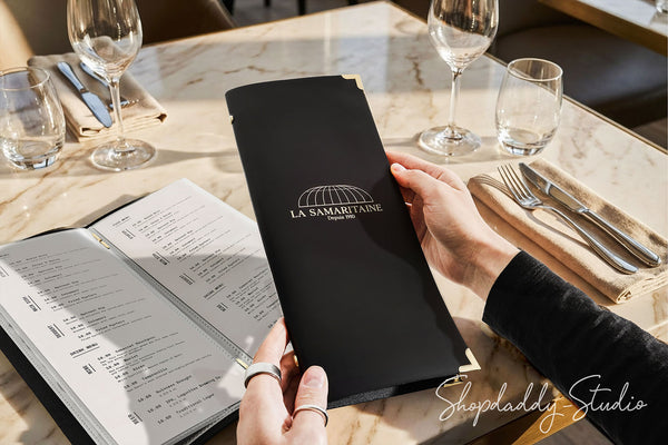 Black Thick Leather Menu Cover with Plastic Sleeves and Corners for Restaurants