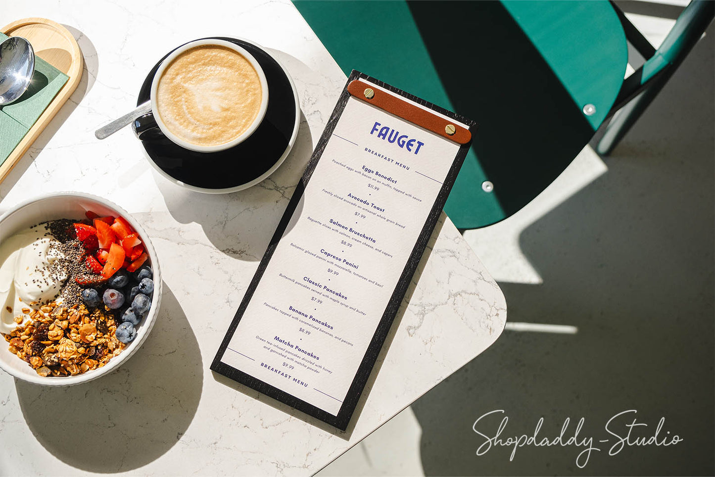 Black Wooden Menu Holder With Rounded Leather Plank