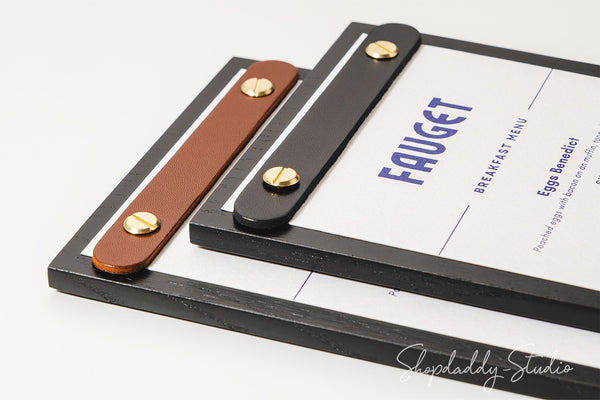 Black Wooden Menu Holder With Rounded Leather Plank For Restaurant