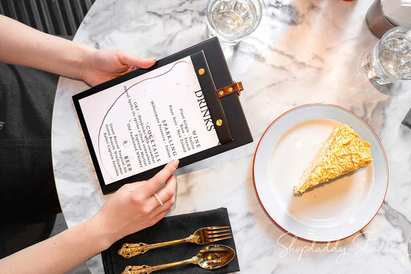 Black Wooden Menu Holder with Metal Ring
