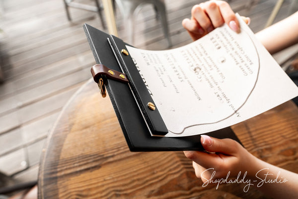 Black Wooden Menu Holder with Metal Ring for cafe