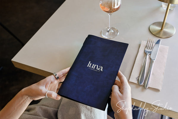 Blue Recycled Leather Menu Cover with Elastic Band for Cafes and Bars