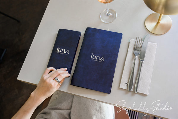 Blue Recycled Leather Menu Cover with Elastic Band for Hospitality