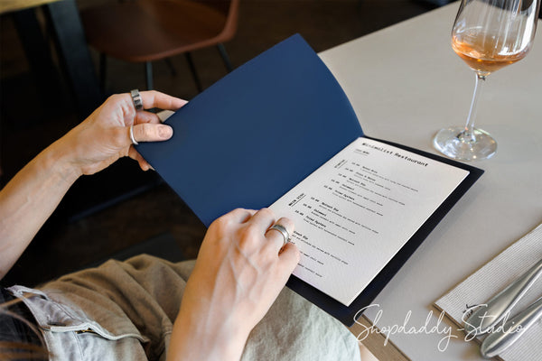 Blue Recycled Leather Menu Cover with Elastic Band for Restaurants