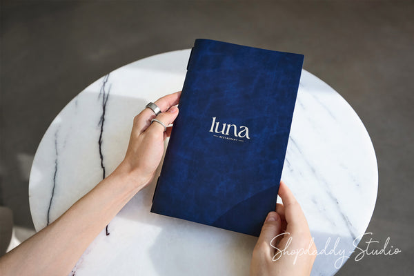 Blue Recycled Leather Menu Cover with Elastic Band with Custom Logo