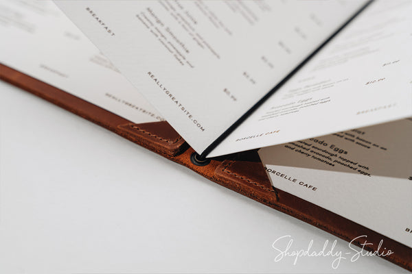 Brown Double Leather Menu Cover with Corners for cocktail menu