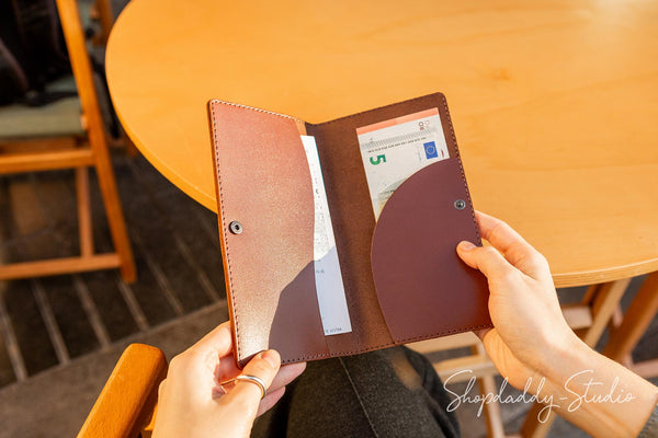Brown Italian Leather Server Book With Wave Pockets for cafe