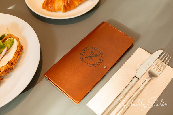 Brown Italian Leather Server Check Holder With Button Stud For Cafe