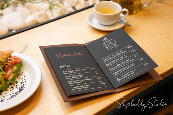 Brown Leather Menu Book with Topographic Pattern for restaurant