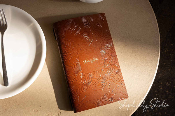 Brown Leather Menu Cover with Topographic Pattern for restaurant