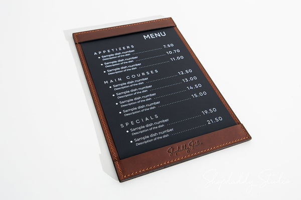 Brown Leather Menu Holder with Top & Bottom Pockets for Hospitality
