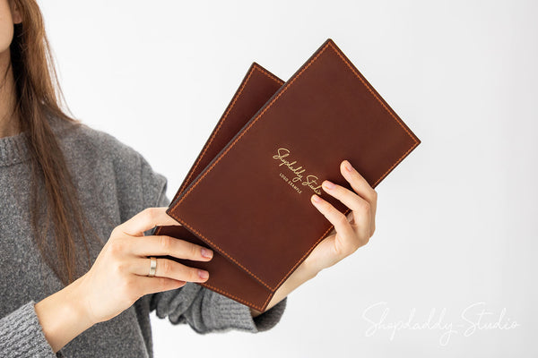 Brown Leather Menu Holder with Top & Bottom Pockets for Professional Use